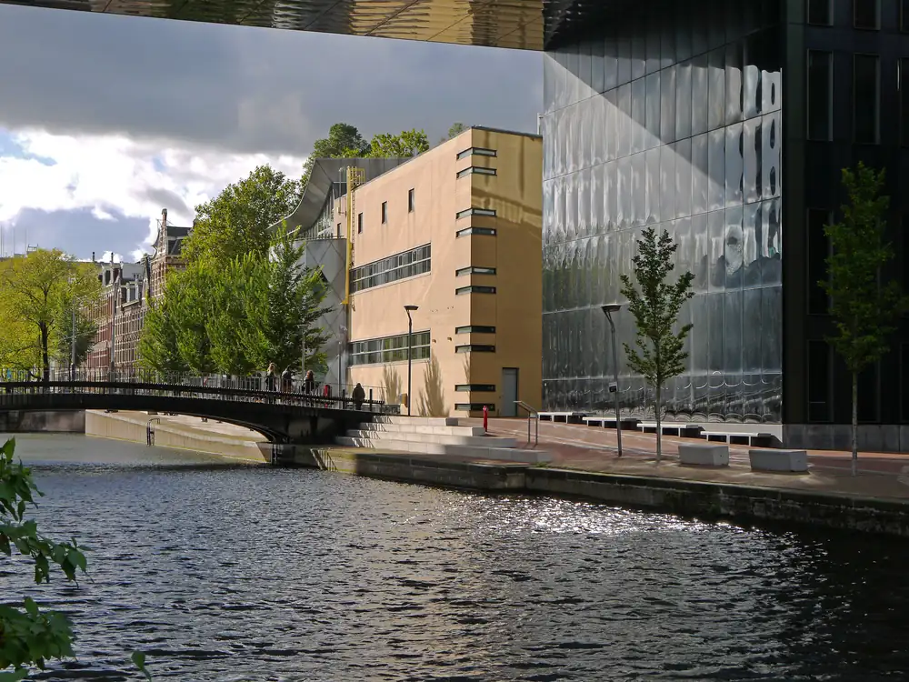 Modern university campus buildings at the Roeterseiland campus, University of Amsterdam